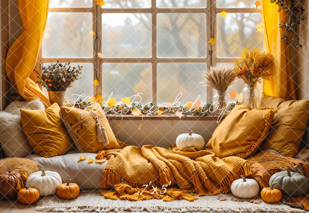 Offres Éclair Kate Automne Oreiller Citrouille Fenêtre Boho Toile de fond conçue par Emetselch - Kate Backdrop FR