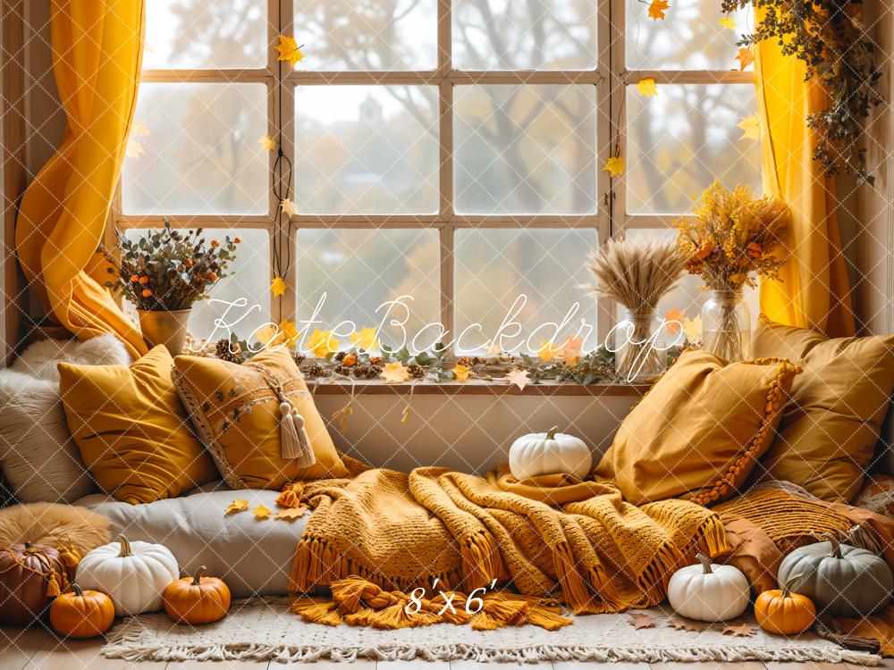 Offres Éclair Kate Automne Oreiller Citrouille Fenêtre Boho Toile de fond conçue par Emetselch - Kate Backdrop FR