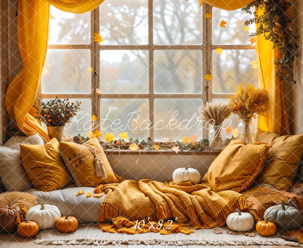 Offres Éclair Kate Automne Oreiller Citrouille Fenêtre Boho Toile de fond conçue par Emetselch - Kate Backdrop FR