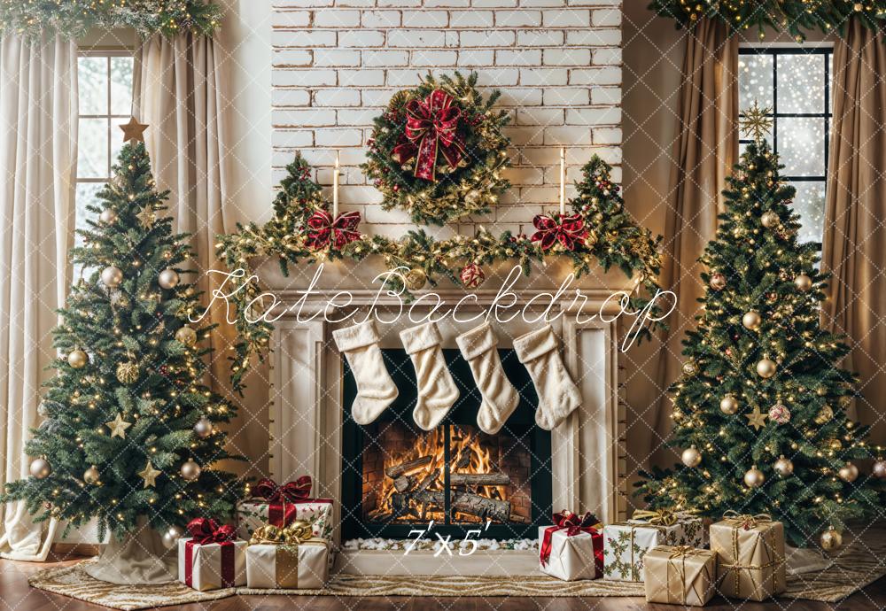 Kate Sapin de Noël Cheminée Rétro Chaussette Toile de fond conçue par Emetselch - Kate Backdrop FR