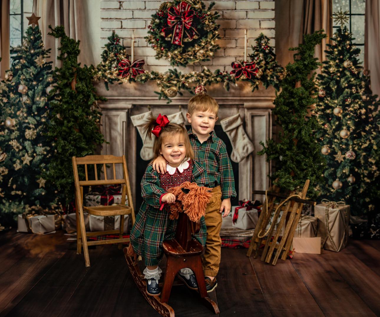 Kate Sapin de Noël Cheminée Rétro Chaussette Toile de fond+Marron foncé Sol en bois Toile de fond - Kate Backdrop FR
