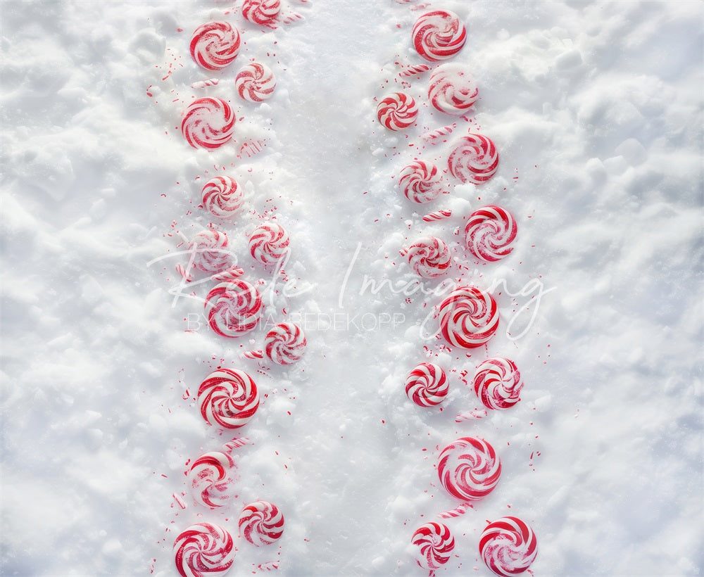 Kate Bonbon Rouge Chemin Blanc Neige Sol Toile de fond conçue par Lidia Redekopp - Kate Backdrop FR
