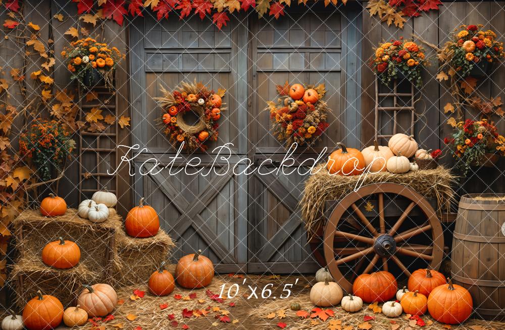 Kate Automne Grange Porte en bois Érable Citrouille Toile de fond conçue par Emetselch - Kate Backdrop FR