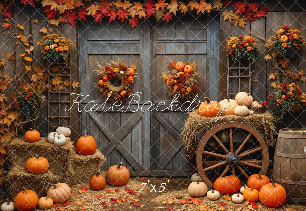 Kate Automne Grange Porte en bois Érable Citrouille Toile de fond conçue par Emetselch - Kate Backdrop FR