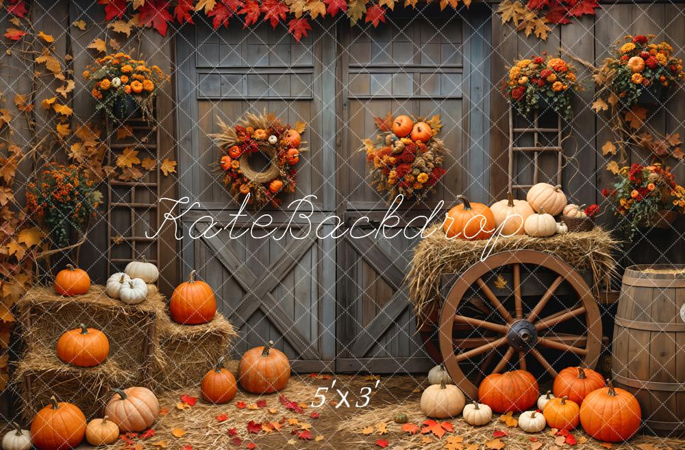 Kate Automne Grange Porte en bois Érable Citrouille Toile de fond conçue par Emetselch - Kate Backdrop FR