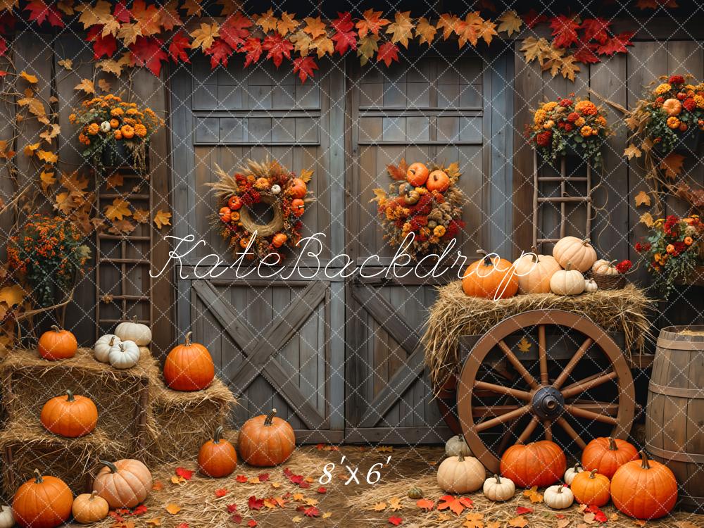 Kate Automne Grange Porte en bois Érable Citrouille Toile de fond conçue par Emetselch - Kate Backdrop FR