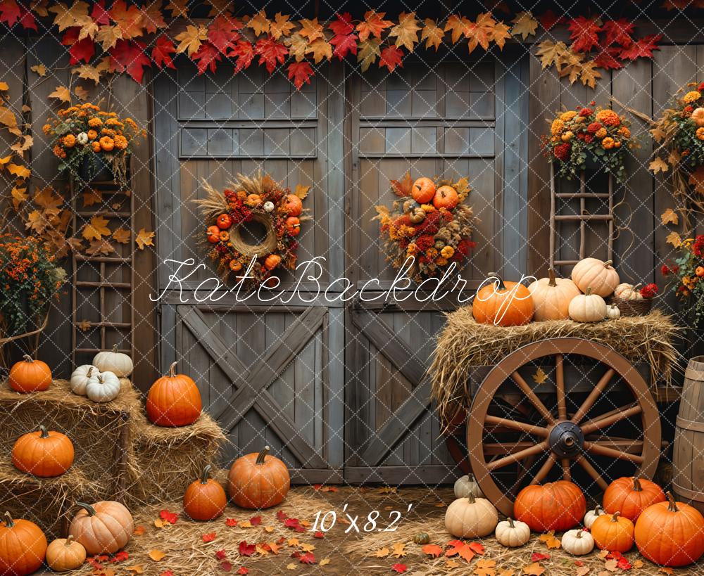 Kate Automne Grange Porte en bois Érable Citrouille Toile de fond conçue par Emetselch - Kate Backdrop FR