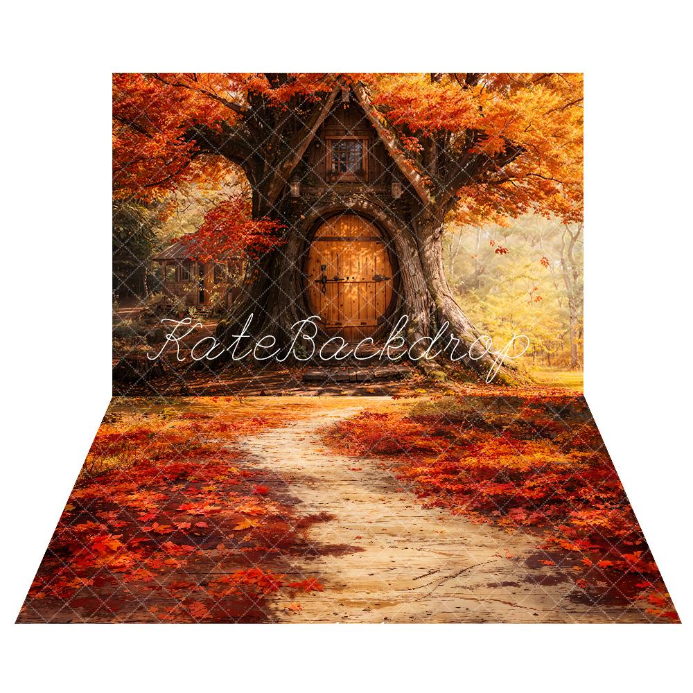 Kate Automne Feuilles d'érable Cabane Forêt Toile de fond+Automne Rouge Feuilles Chemin Sol Toile de fond - Kate Backdrop FR