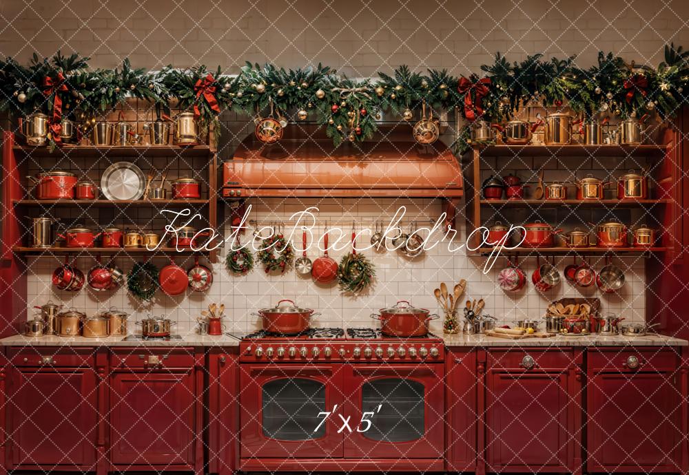 Kate Noël Cuisine Armoires Rouge Décors Toile de fond conçue par Emetselch - Kate Backdrop FR