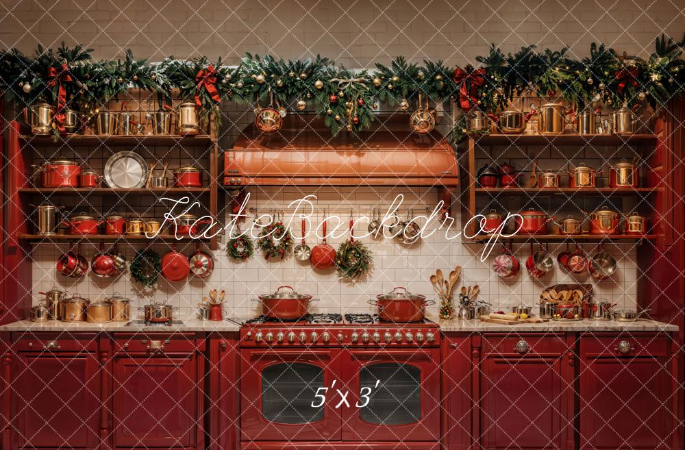 Kate Noël Cuisine Armoires Rouge Décors Toile de fond conçue par Emetselch - Kate Backdrop FR