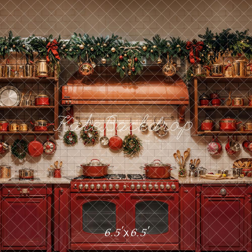 Kate Noël Cuisine Armoires Rouge Décors Toile de fond conçue par Emetselch - Kate Backdrop FR
