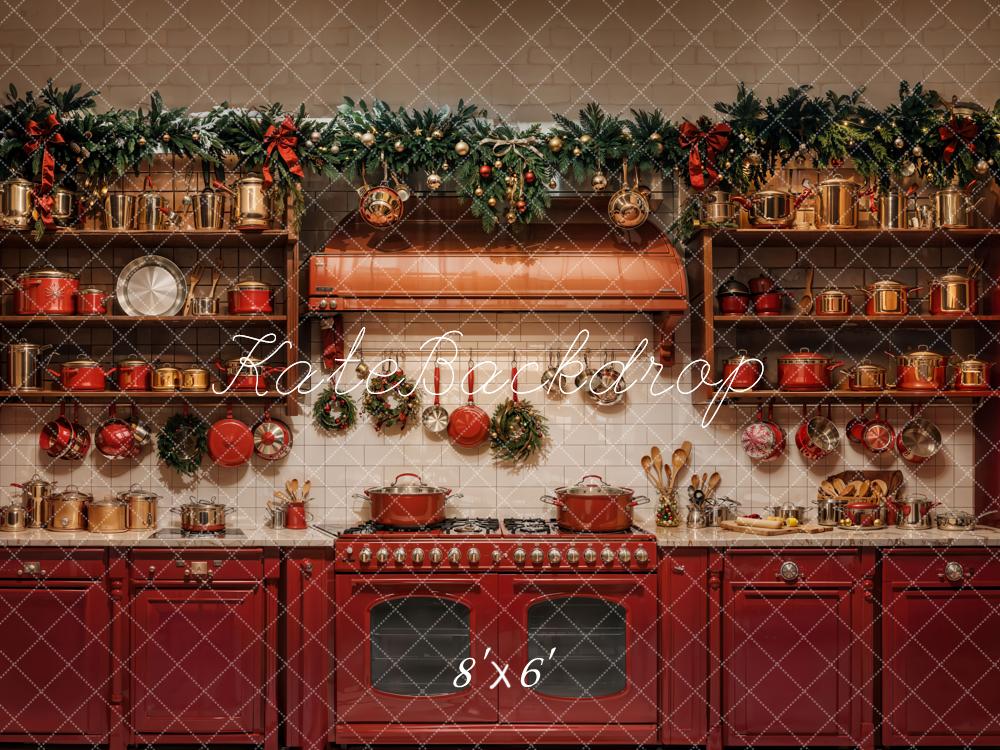 Kate Noël Cuisine Armoires Rouge Décors Toile de fond conçue par Emetselch - Kate Backdrop FR