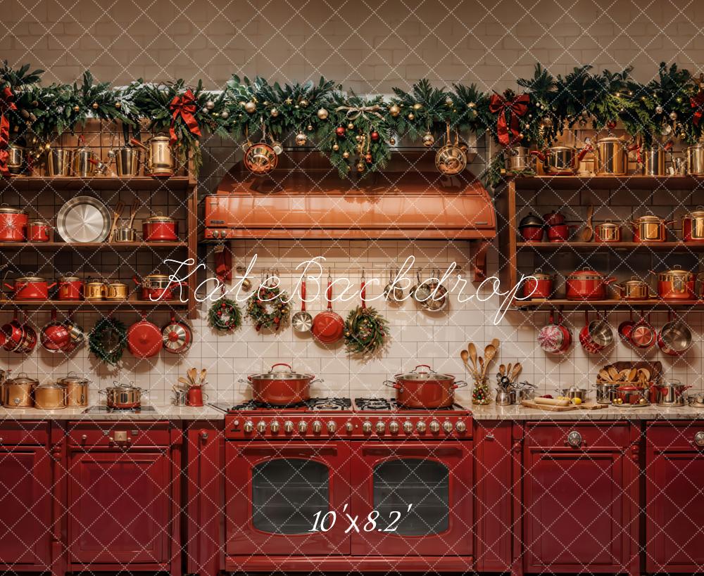 Kate Noël Cuisine Armoires Rouge Décors Toile de fond conçue par Emetselch - Kate Backdrop FR
