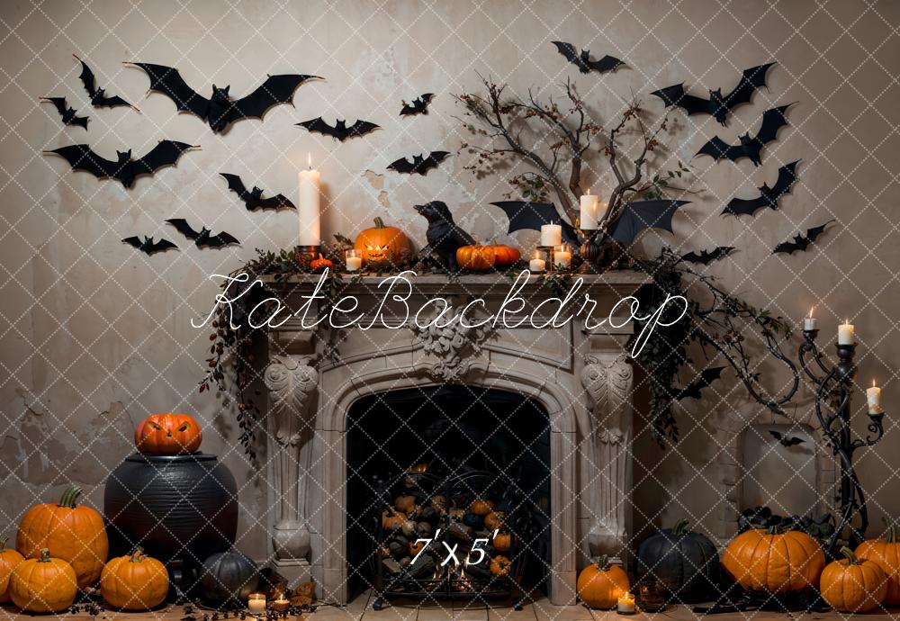 Kate Halloween Chauve-souris Gris Cheminée Rétro Toile de fond conçue par Emetselch - Kate Backdrop FR