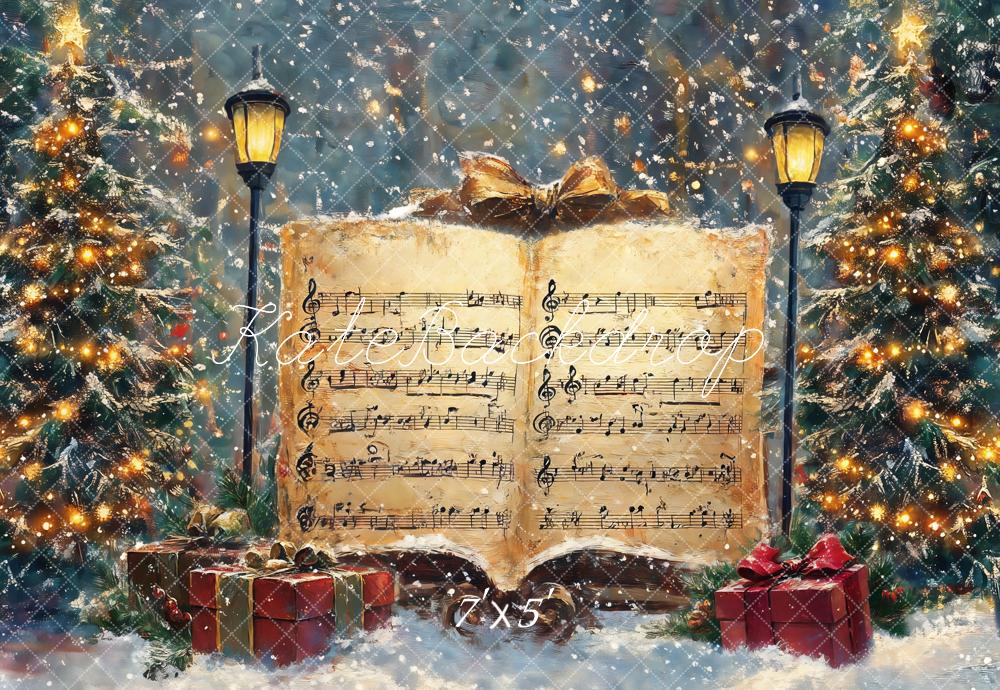 Kate Arbre de Noël Partitions Neige Musique Toile de fond conçue par GQ - Kate Backdrop FR
