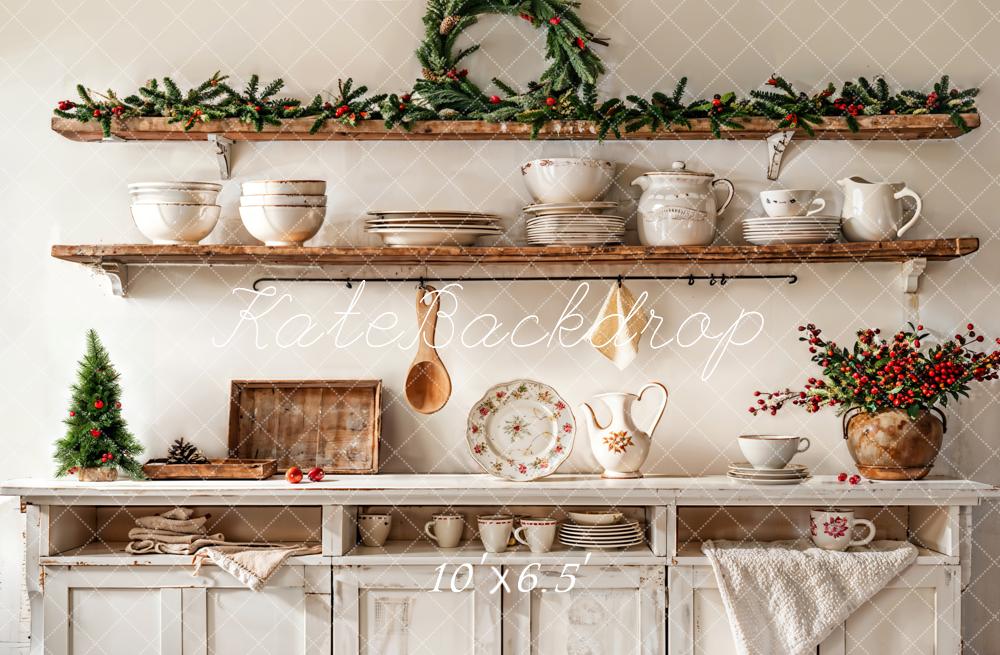 Kate Noël Cuisine Armoire Blanc Vaisselle Toile de fond conçue par Emetselch - Kate Backdrop FR