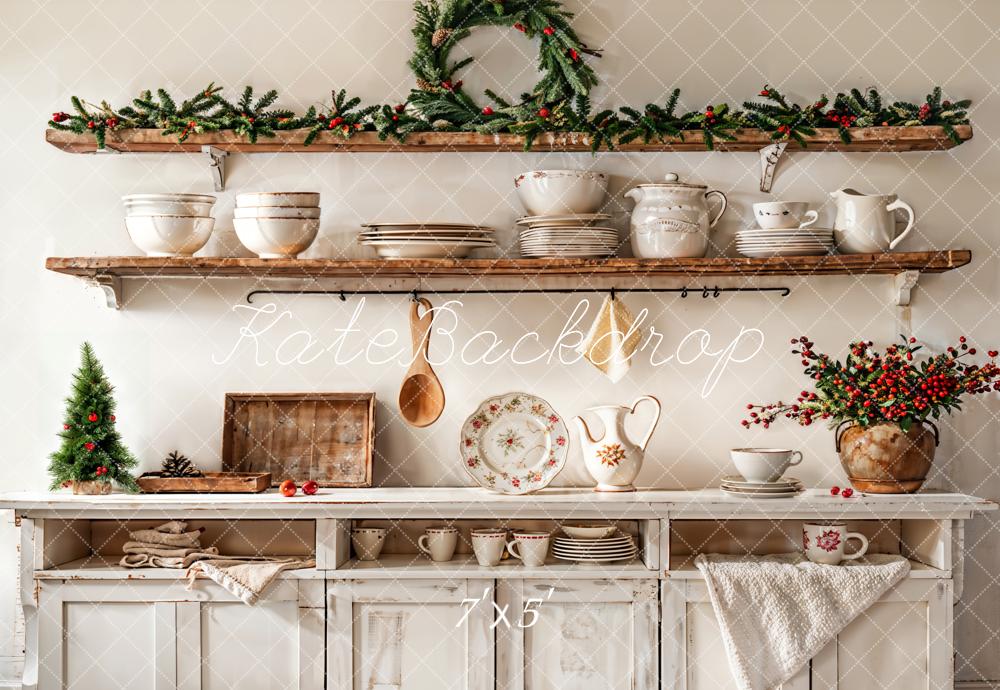 Kate Noël Cuisine Armoire Blanc Vaisselle Toile de fond conçue par Emetselch - Kate Backdrop FR