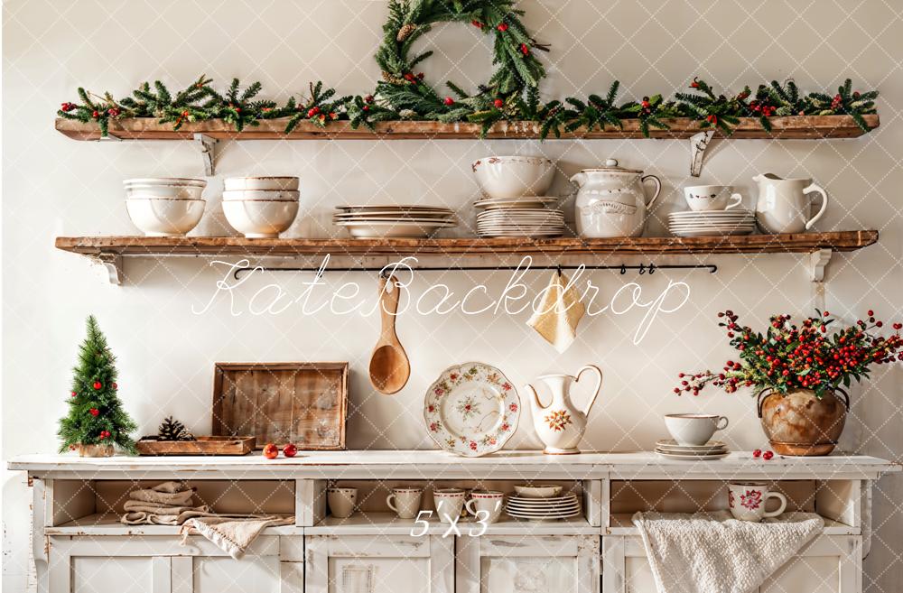 Kate Noël Cuisine Armoire Blanc Vaisselle Toile de fond conçue par Emetselch - Kate Backdrop FR
