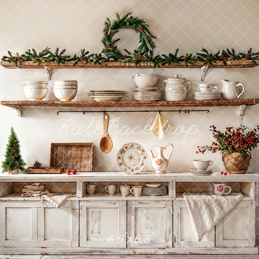 Kate Noël Cuisine Armoire Blanc Vaisselle Toile de fond conçue par Emetselch - Kate Backdrop FR