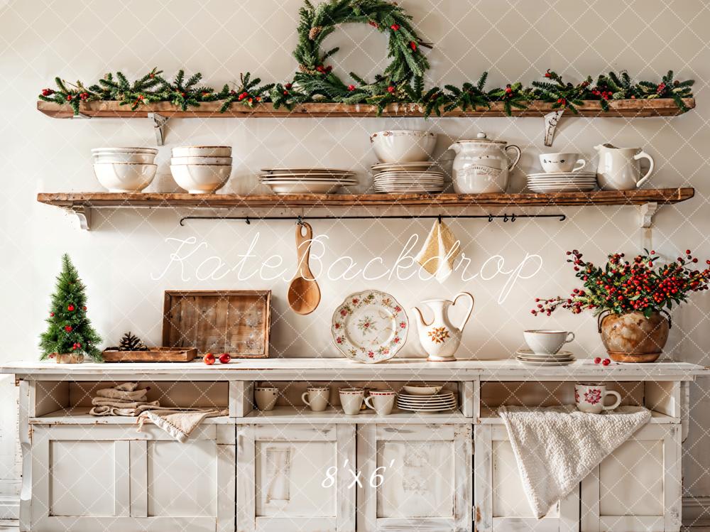 Kate Noël Cuisine Armoire Blanc Vaisselle Toile de fond conçue par Emetselch - Kate Backdrop FR