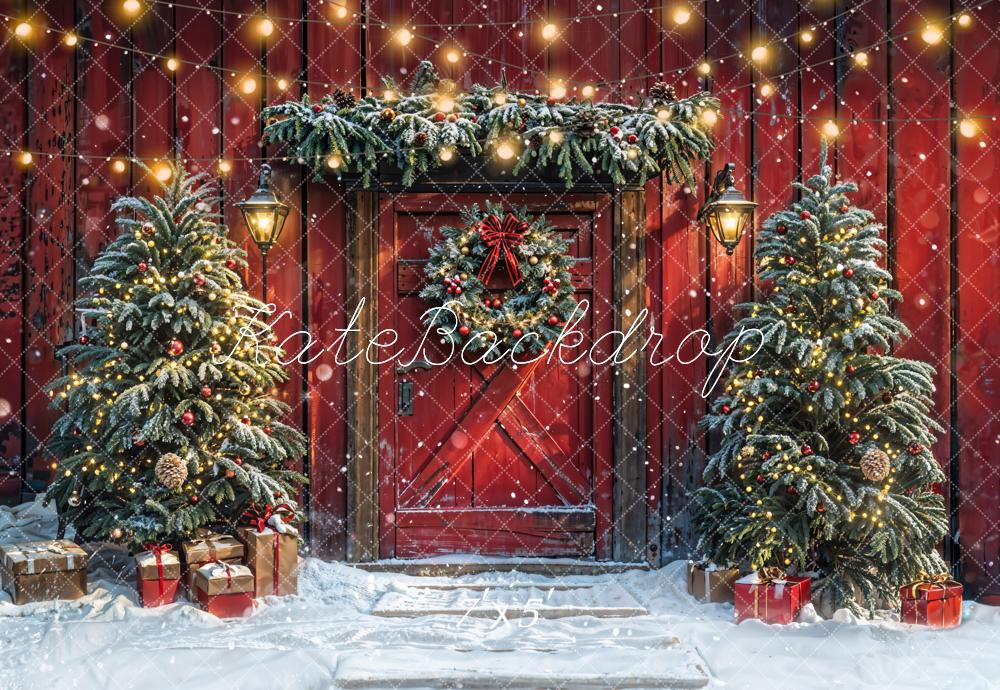 Kate Arbre de Noël Rouge Grange Porte Neige Toile de fond conçue par Emetselch - Kate Backdrop FR