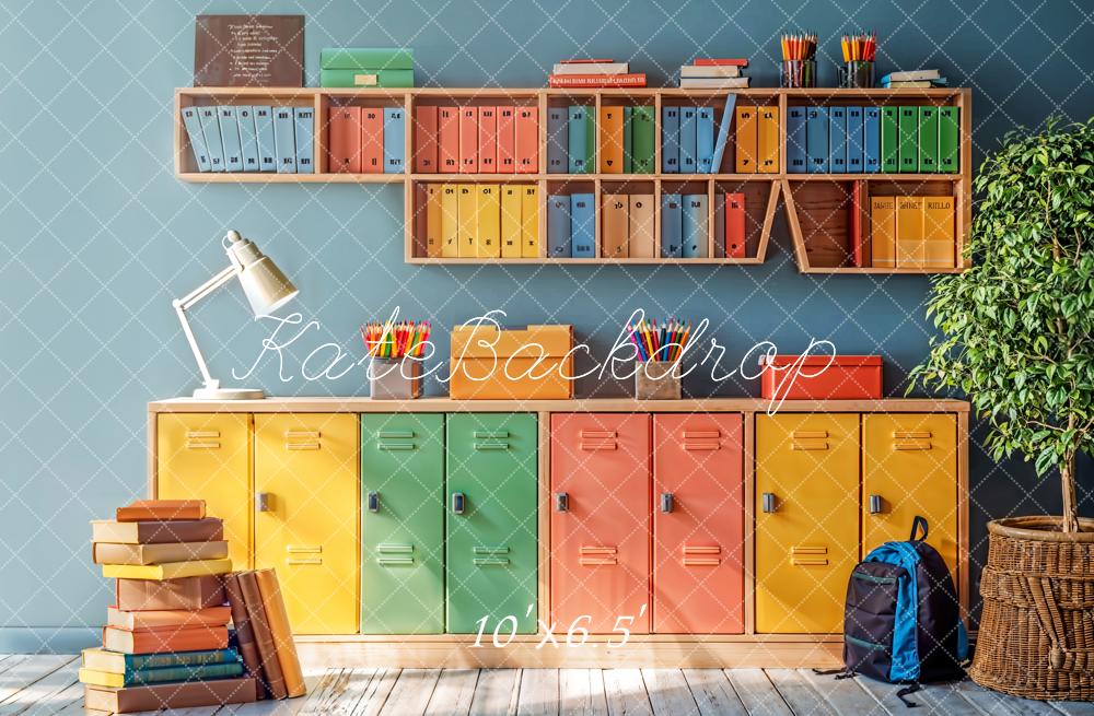 Kate Retour à l'école Coloré Casier Bibliothèque Toile de fond conçue par Emetselch - Kate Backdrop FR