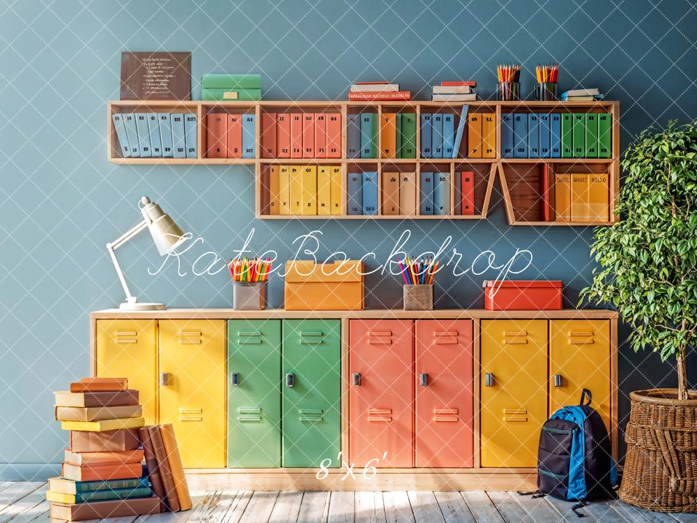 Kate Retour à l'école Coloré Casier Bibliothèque Toile de fond conçue par Emetselch - Kate Backdrop FR