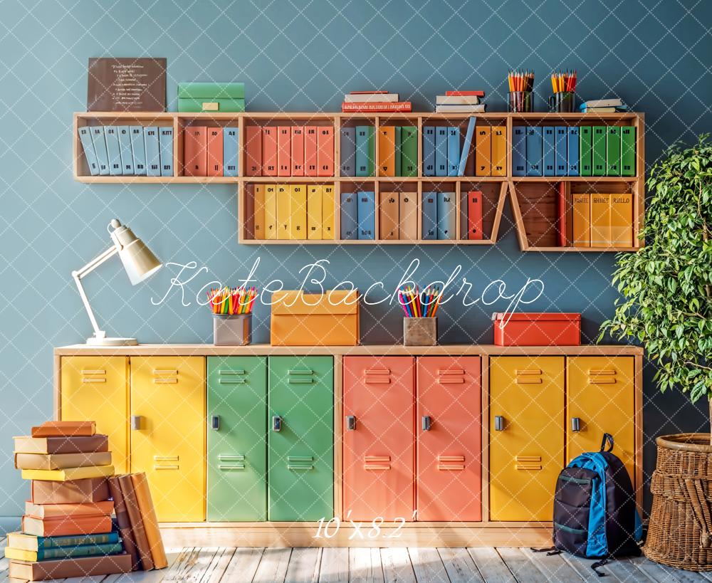 Kate Retour à l'école Coloré Casier Bibliothèque Toile de fond conçue par Emetselch - Kate Backdrop FR