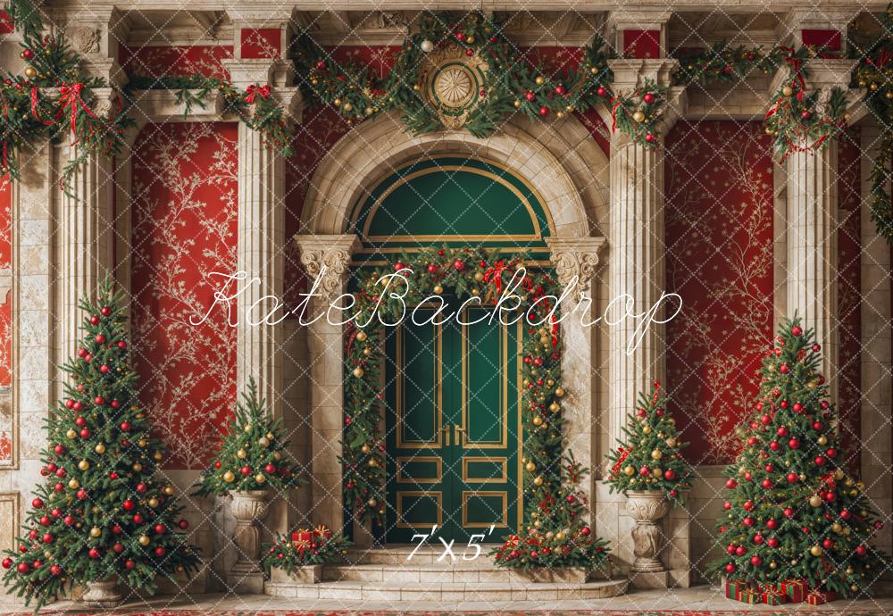 Kate Arbre de Noël Porte verte Mur Rétro Rouge Toile de fond conçue par Emetselch - Kate Backdrop FR