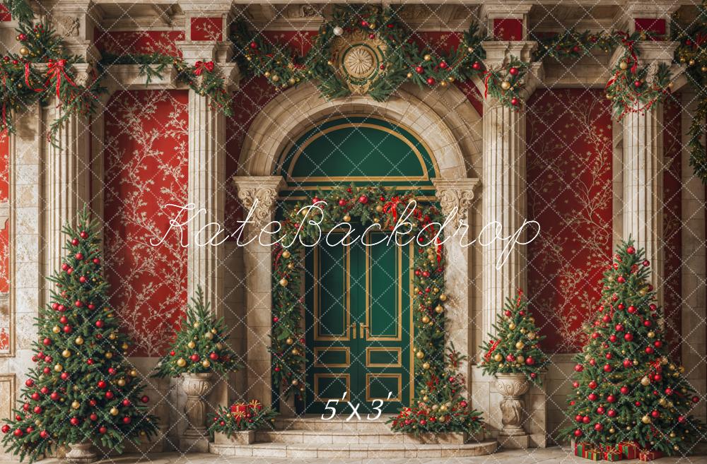 Kate Arbre de Noël Porte verte Mur Rétro Rouge Toile de fond conçue par Emetselch - Kate Backdrop FR