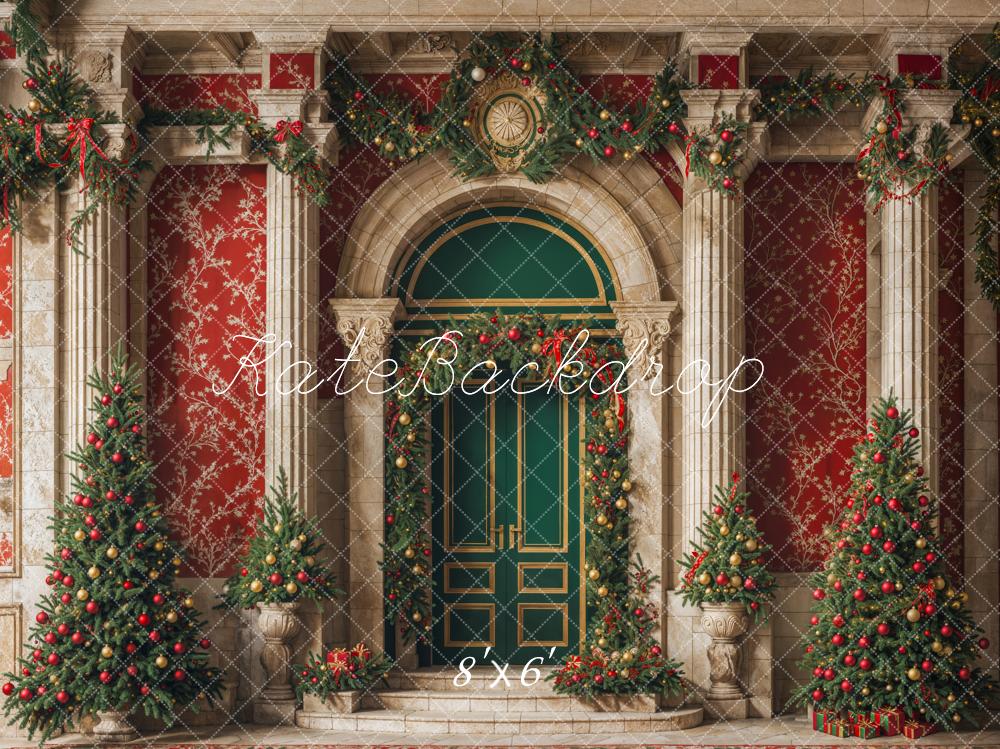 Kate Arbre de Noël Porte verte Mur Rétro Rouge Toile de fond conçue par Emetselch - Kate Backdrop FR