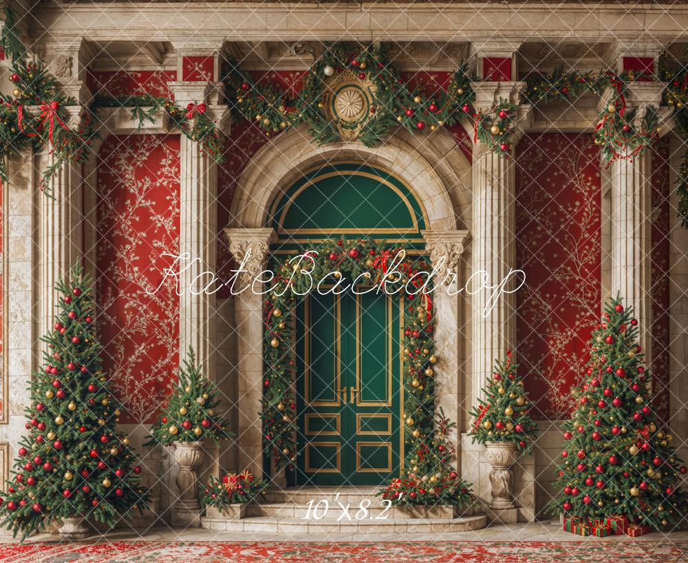 Kate Arbre de Noël Porte verte Mur Rétro Rouge Toile de fond conçue par Emetselch - Kate Backdrop FR