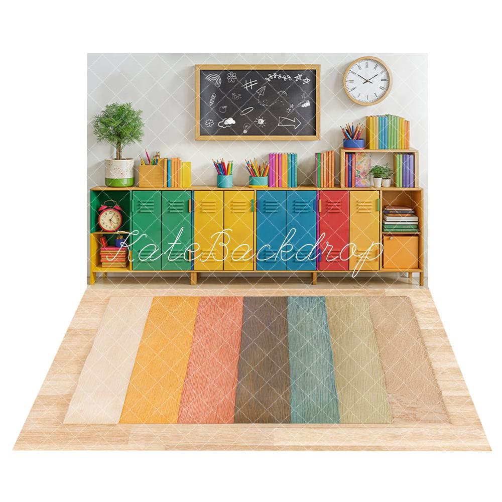 Kate Scolaire Coloré Casiers Tableau noir Livres Toile de fond+Coloré Parquet Sol Toile de fond - Kate Backdrop FR
