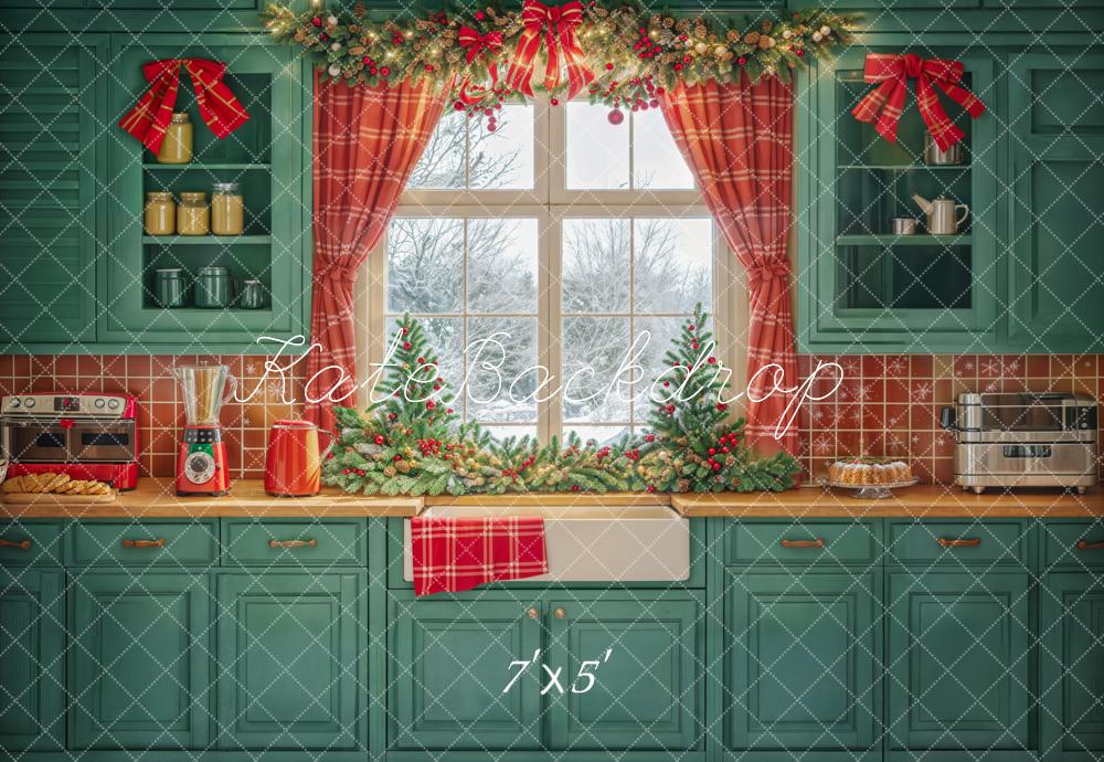 Kate Noël Cuisine Armoires vertes Rideaux Rouge Toile de fond conçue par Emetselch - Kate Backdrop FR