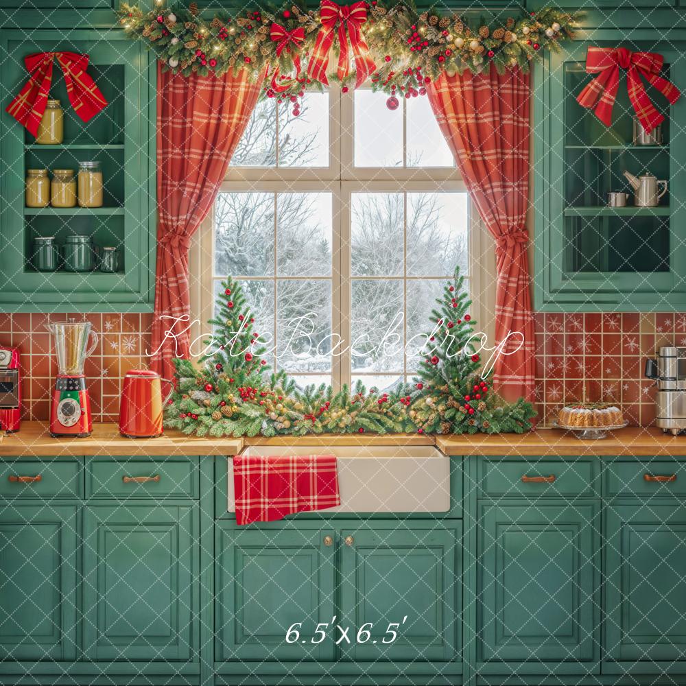 Kate Noël Cuisine Armoires vertes Rideaux Rouge Toile de fond conçue par Emetselch - Kate Backdrop FR