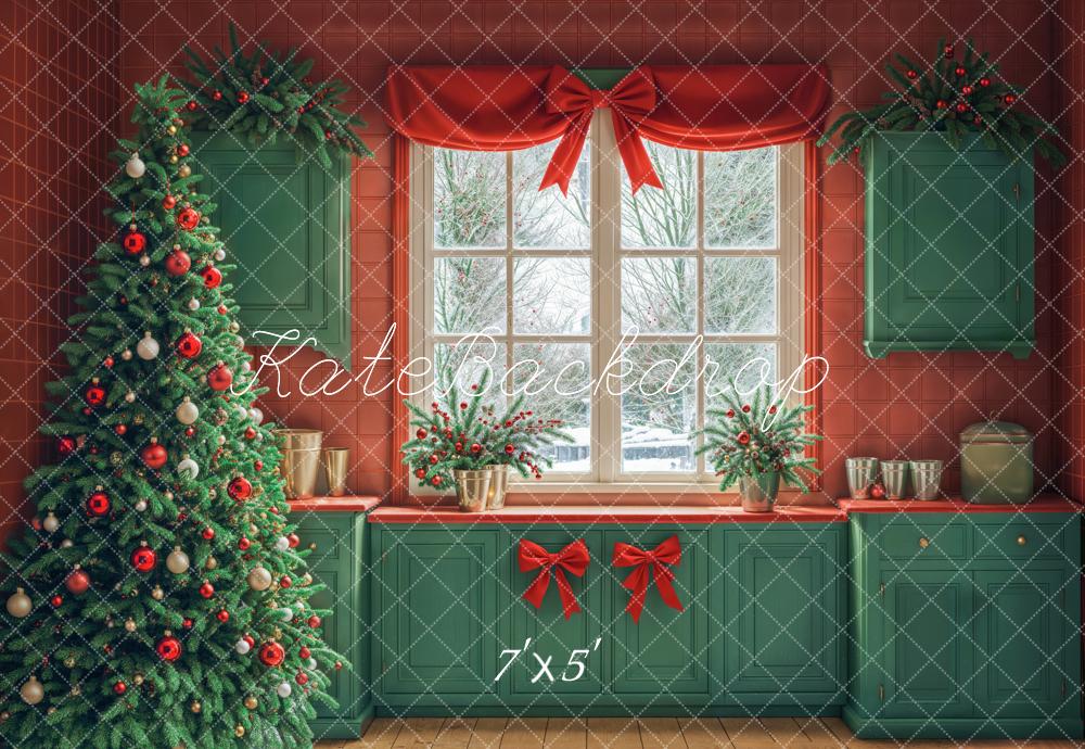 Kate Sapin de Noël Cuisine Armoires Vert Fenêtre Toile de fond conçue par Emetselch - Kate Backdrop FR