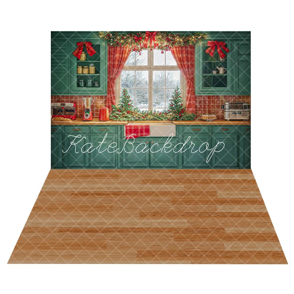 Kate Noël Cuisine Armoires vertes Rideaux Rouge Toile de fond+Marron clair Parquet Sol Toile de fond - Kate Backdrop FR