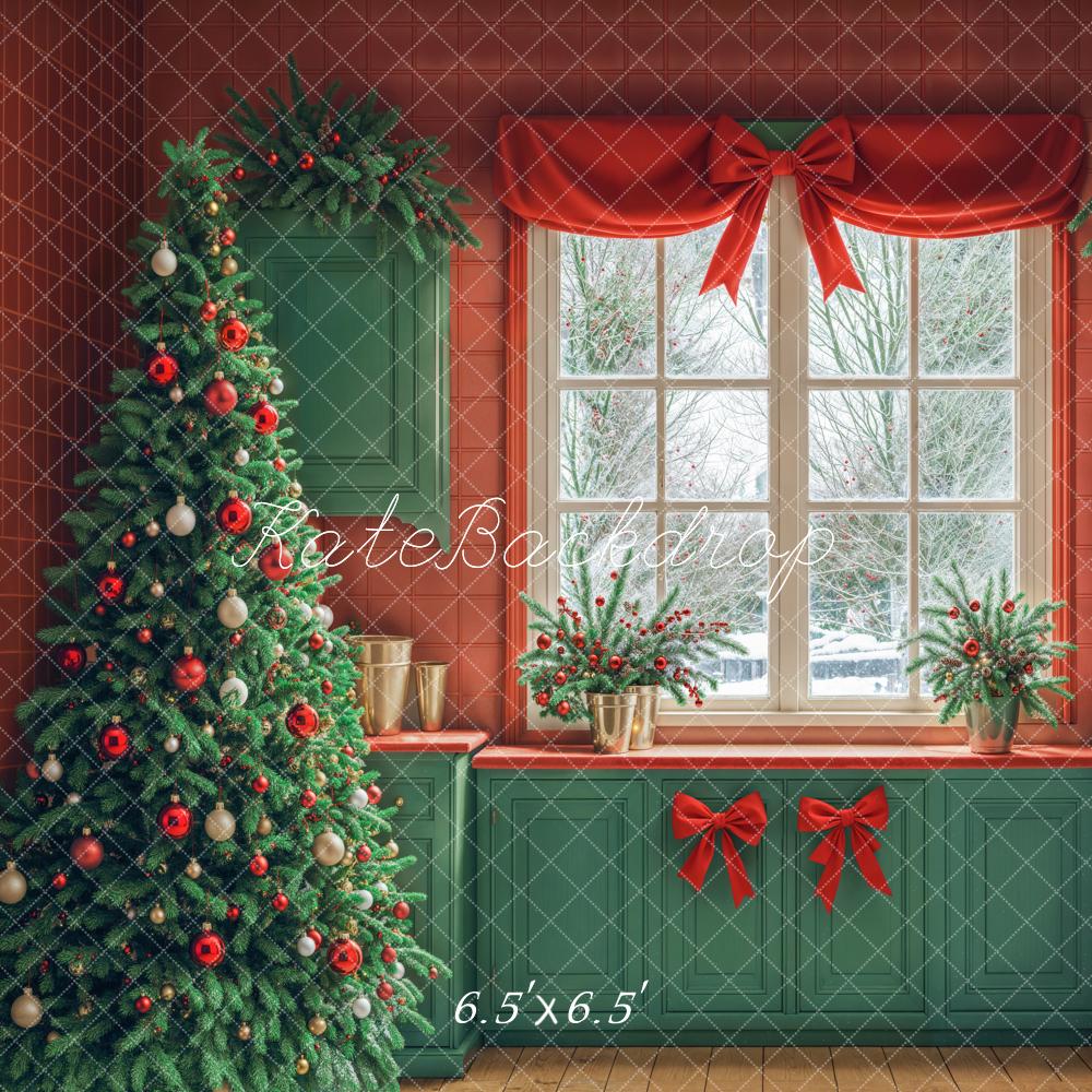 Kate Sapin de Noël Cuisine Armoires Vert Fenêtre Toile de fond conçue par Emetselch - Kate Backdrop FR