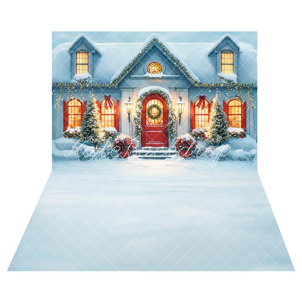 Kate Noël Neige Blanc Maison Soirée Toile de fond+Blanc Neige Hiver Sol Toile de fond - Kate Backdrop FR