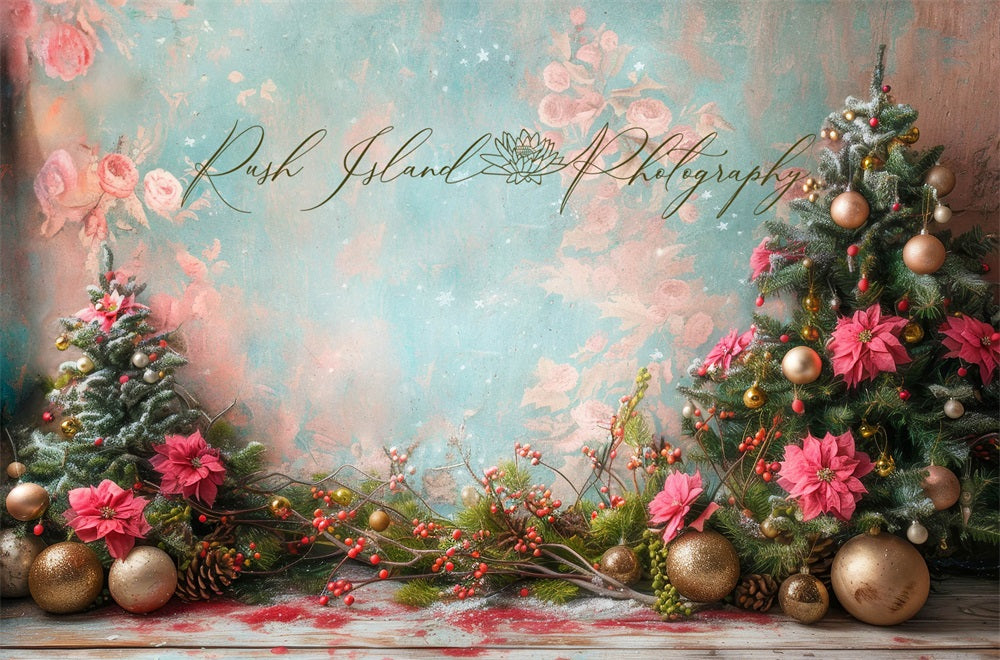 Kate Rose Poinsettia Sapin de Noël Fleurs Toile de fond conçue par Laura Bybee - Kate Backdrop FR