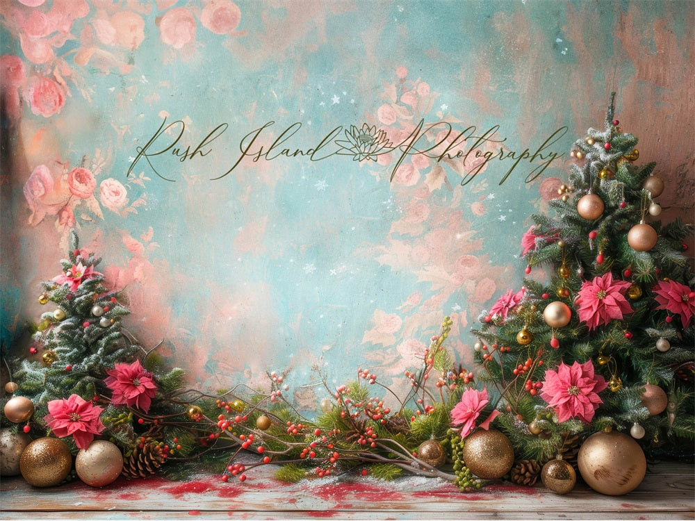 Kate Rose Poinsettia Sapin de Noël Fleurs Toile de fond conçue par Laura Bybee - Kate Backdrop FR