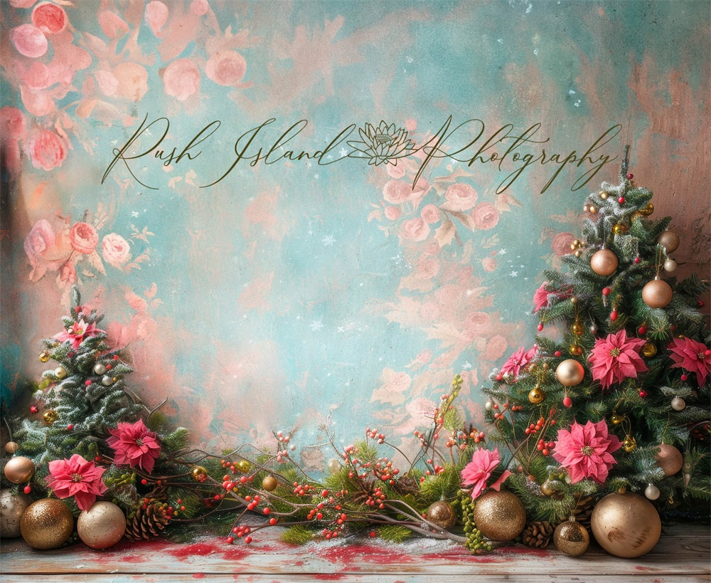 Kate Rose Poinsettia Sapin de Noël Fleurs Toile de fond conçue par Laura Bybee - Kate Backdrop FR
