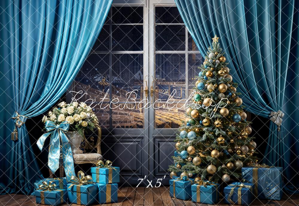 Kate Sapin de Noël Fenêtre Bleu Rideaux Cadeaux Toile de fond conçue par Emetselch - Kate Backdrop FR
