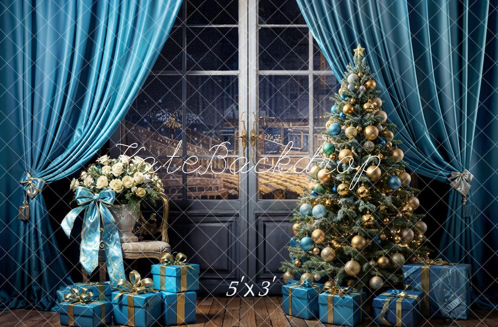 Kate Sapin de Noël Fenêtre Bleu Rideaux Cadeaux Toile de fond conçue par Emetselch - Kate Backdrop FR
