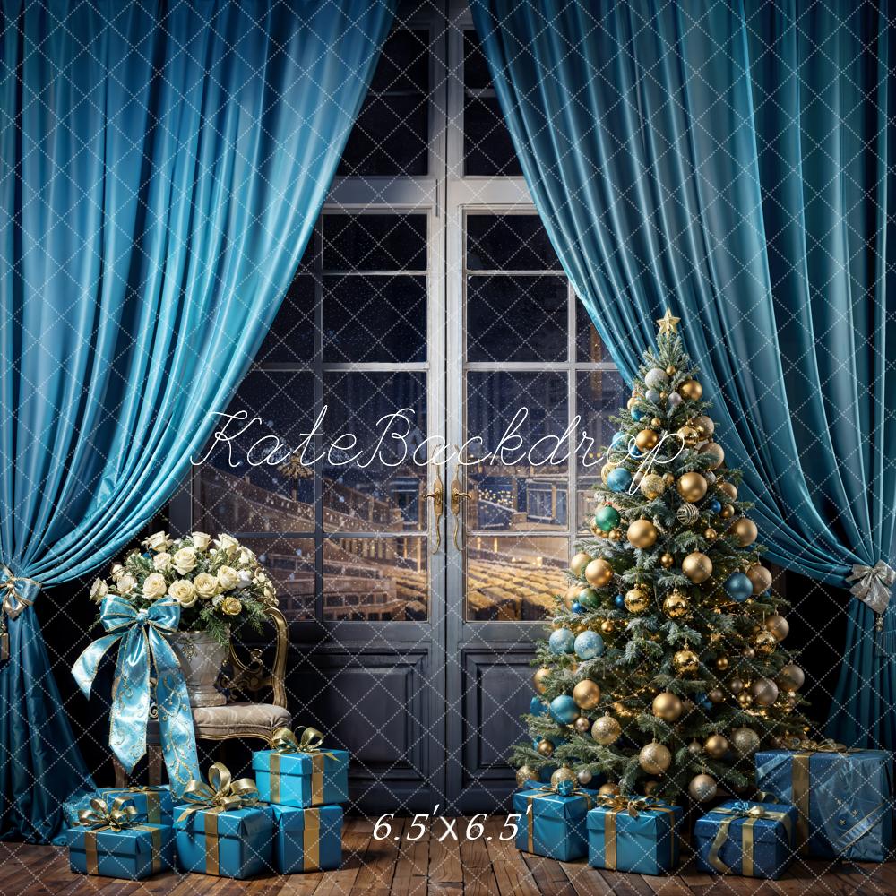 Kate Sapin de Noël Fenêtre Bleu Rideaux Cadeaux Toile de fond conçue par Emetselch - Kate Backdrop FR