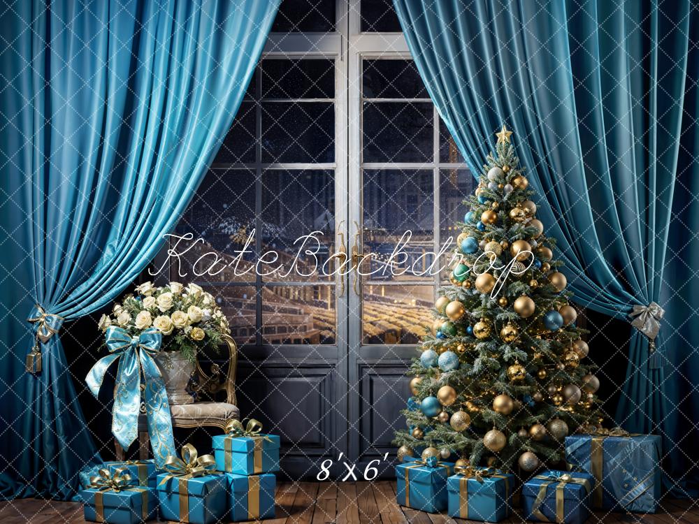 Kate Sapin de Noël Fenêtre Bleu Rideaux Cadeaux Toile de fond conçue par Emetselch - Kate Backdrop FR