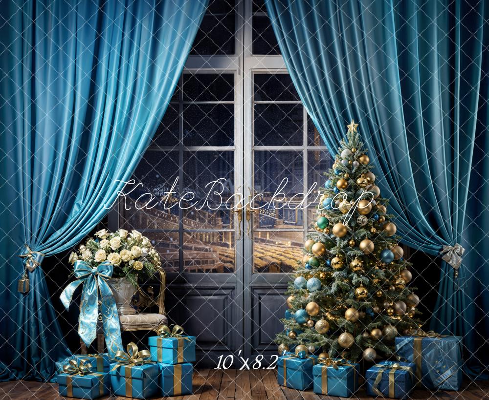 Kate Sapin de Noël Fenêtre Bleu Rideaux Cadeaux Toile de fond conçue par Emetselch - Kate Backdrop FR