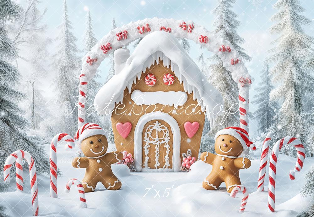 Kate Noël Maison en Pain d'épice Neige Forêt Toile de fond conçue par Emetselch - Kate Backdrop FR