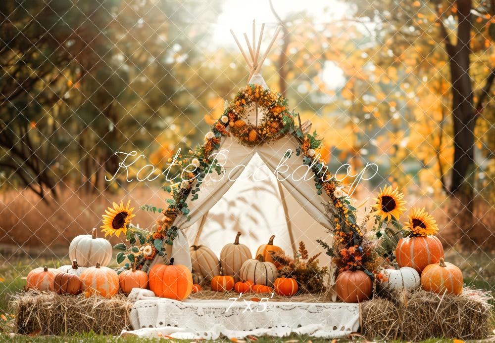 Kate Automne Tipi Tournesols Citrouilles Toile de fond conçue par Patty Roberts - Kate Backdrop FR