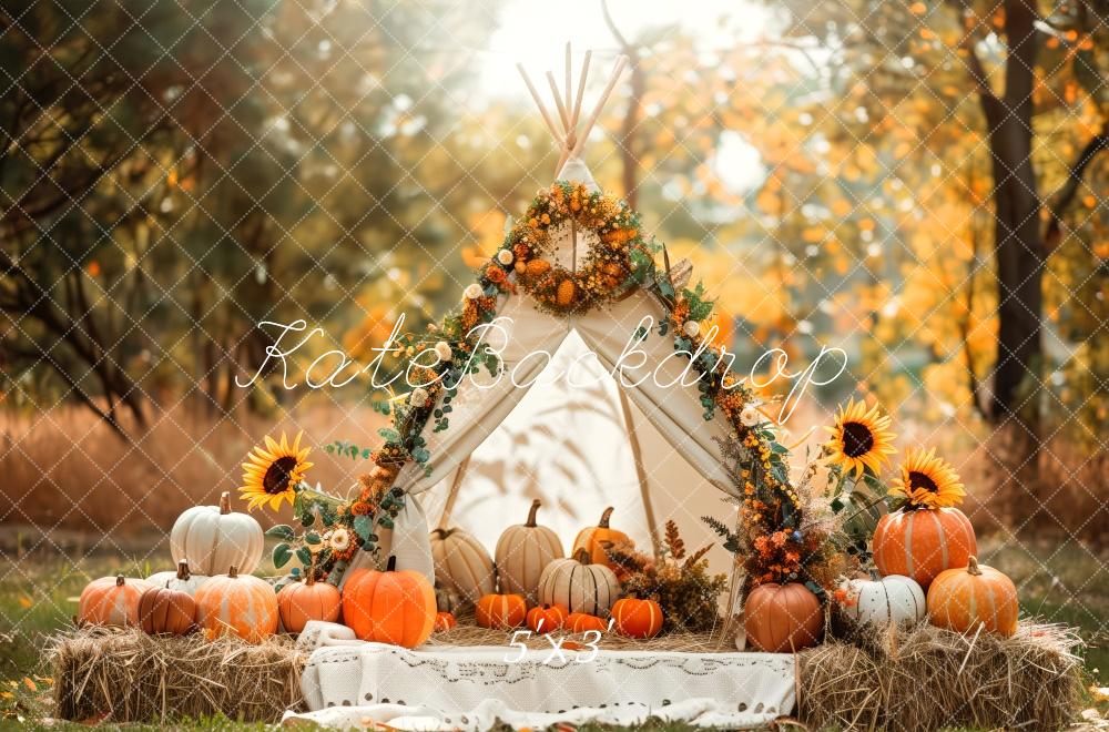 Kate Automne Tipi Tournesols Citrouilles Toile de fond conçue par Patty Roberts - Kate Backdrop FR